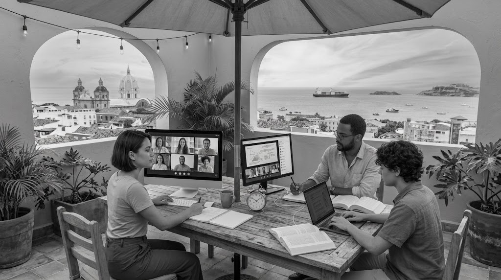 Tres estudiantes con Biblias, portátil y una clase virtual en pantalla, en una terraza con vista a la ciudad colonial y al mar Caribe
